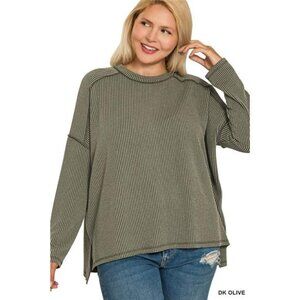✨NWT Zenana Full Size Exposed Seam Long Sleeve Corded Rib‎ Knit Top Plus Size